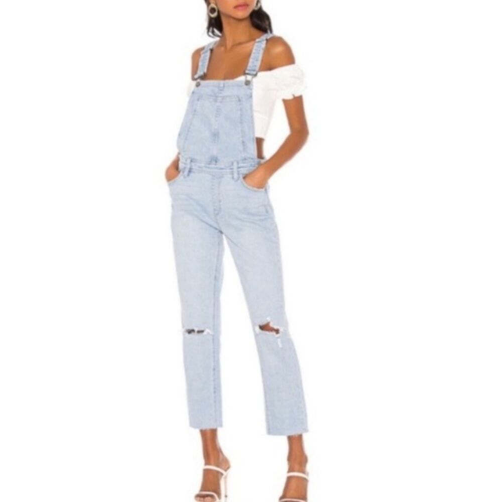 ~ PAIGE XS 26 Overalls Boho Light Blue Wash High Rise Sierra Denim Raw Hem 2 4